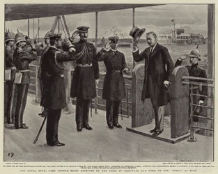 The Royal Tour, Lord Cromer being received by the Duke of Cornwall and York on the Ophir at Suez